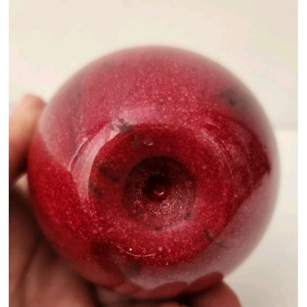 Vtg MCM Paperweight Polished Red Alabaster Marble Stone Apple With Brass Leaf